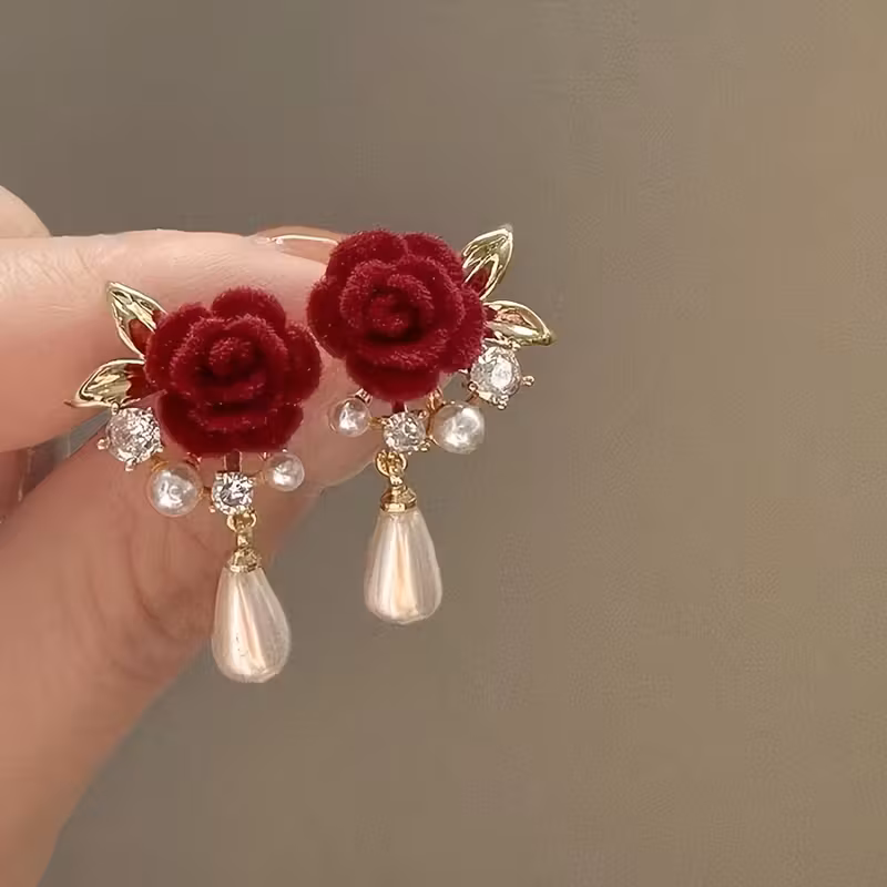 1 Par de Pendientes de Rosa Roja Vintage con Estilo Elegante